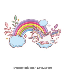 cute unicorn with clouds and rainbow