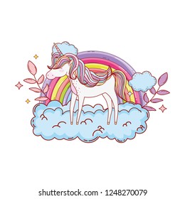 cute unicorn with clouds and rainbow