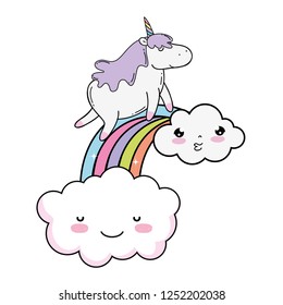 cute unicorn with clouds and rainbow kawaii