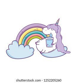 cute unicorn with clouds and rainbow kawaii