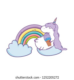 cute unicorn with clouds and rainbow kawaii