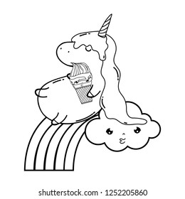 cute unicorn with clouds and rainbow kawaii