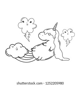 cute unicorn with clouds and rainbow kawaii
