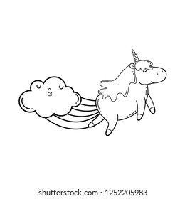 cute unicorn with clouds and rainbow kawaii