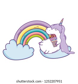 cute unicorn with clouds and rainbow kawaii