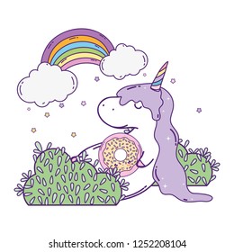 cute unicorn with clouds and rainbow kawaii