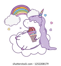 cute unicorn with clouds and rainbow kawaii