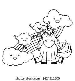 cute unicorn with clouds and rainbow kawaii characters