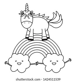 cute unicorn with clouds and rainbow kawaii characters