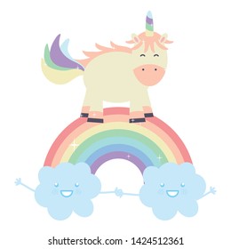 cute unicorn with clouds and rainbow kawaii characters