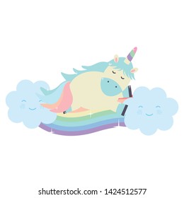 cute unicorn with clouds and rainbow kawaii characters