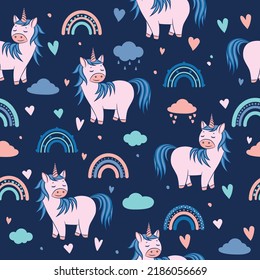 Cute unicorn with clouds and rainbows on a dark background. Pattern with unicorns for clothes, wrapping paper.