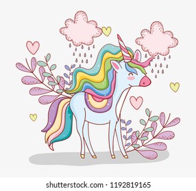 cute unicorn with clouds raining and plants
