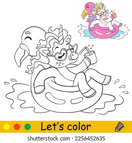 Cute unicorn with a cocktail in an inflatable flamingo circle. Kids coloring with color template. Vector cartoon illustration. For kids coloring, postcard, print, design, decor, tattoo,game and puzzle