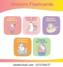 Cute unicorn collection flashcards. Printable game cards. Vector illustration.