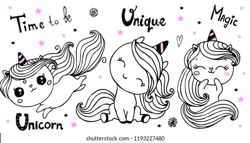 Cute unicorn collection.  Ink written text  and stars. Hand drawn vector unicorns and letterind  set for t shirt design , prints, posters, stickers