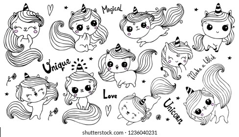 Cute unicorn collection.  Ink written text  and stars. Hand drawn vector unicorns and letterind  set for t shirt design , prints, posters, stickers