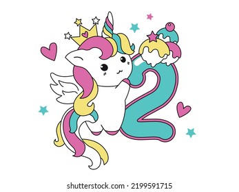 Cute unicorn collection in kawaii style with number two. Happy birthday concept for one month or one year. 
Vector illustration with a character for a greeting card, T-shirt, photo album, holiday