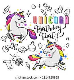 Cute unicorn collection with magic items, rainbow, fairy wings, crystals, clouds, potion. Hand drawn line style. Vector doodles illustrations.
