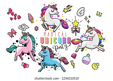 Cute unicorn collection with magic items, rainbow, fairy wings, crystals, clouds, potion. Hand drawn line style. Vector doodles illustrations.
