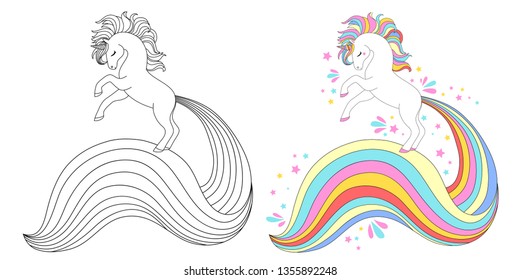 Cute unicorn collection. Monochrome and colored, vector illustration for coloring book, print and poster. 