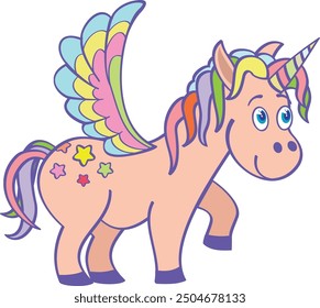 Cute unicorn color drawing. Magic winged horse