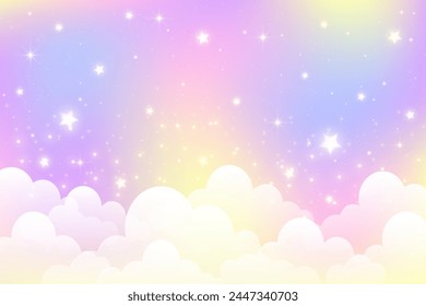 Cute unicorn colored sky with stars and clouds. Rainbow pastel vector background. Abstract gradient landscape with gradient and sparkles. Magic holographic galaxy