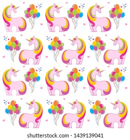 
Cute unicorn and colorful balloons seamless pattern background in kawaii style.  Good for textiles, fabrics, bedding, wrapping paper, scrapbooking, etc. vector illustration