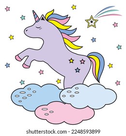 Cute Unicorn, colorful cartoon character pony on clouds, Vector illustration