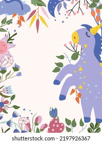 Cute Unicorn with colorful flowers, leaves, sun, cloud. Poster with magical horse can be used as creating card, banner, birthday and other holidays. Vector illustration.