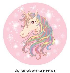 Cute unicorn with colorful hair on the pink circle with sparkles. Vector illustration.