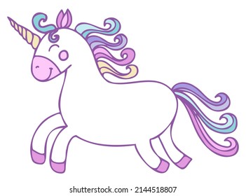 Cute unicorn with colorful mane.Cartoon style vector illustration isolated on white background.
Suitable for nursery and post card design and svg for cricut svg