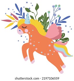 Cute unicorn with colorful the tail, flowers and leaves. Fantastic Unicorn in flat style. Fairy horse can be used as creating card, banner, birthday and other holidays. Vector illustration.