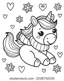 Cute unicorn coloring book, Simple elements, heart,  snowflakes. coloring pages, unicorn in a scarf 