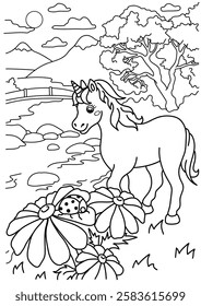 Cute unicorn coloring. Unicorn by the river, a flower and a ladybug. Black and white coloring.