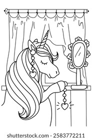 Cute unicorn coloring. Unicorn with earrings and a mirror. Black and white coloring.