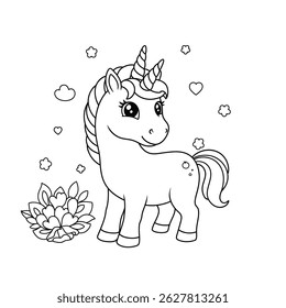 Cute Unicorn Coloring Page with Butterflies and Flowers for Children

