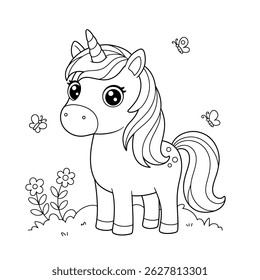 Cute Unicorn Coloring Page with Butterflies and Flowers for Children
