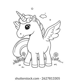 Cute Unicorn Coloring Page with Butterflies and Flowers for Children
