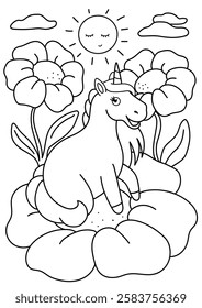 Cute unicorn coloring. Unicorn sitting on flowers, garden. Black and white coloring.