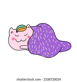 Cute unicorn concept. Colorful sticker with smiling pink pony sleeping under warm purple blanket. Design element for social networks. Cartoon flat vector illustration isolated on white background