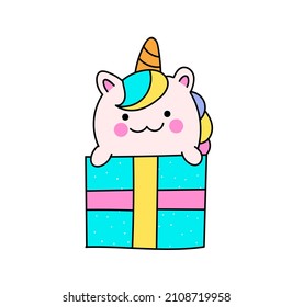Cute unicorn concept. Funny sticker with smiling pink unicorn sitting in blue gift box with ribbon. Design element for greeting card. Cartoon flat vector illustration isolated on white background