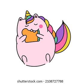 Cute unicorn concept. Funny sticker with happy magical unicorn eating sandwich with vegetables. Design element for social network. Cartoon flat vector illustration isolated on white background