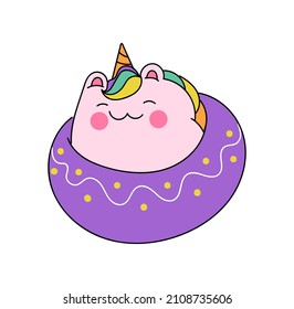 El concepto de unicornio lindo. Pegatina divertida con unicornio rosado sobre un donut violeta inflable. Elemento de diseño popular para niños y adolescentes. Dibujo vectorial plano de dibujos animados aislado en fondo blanco