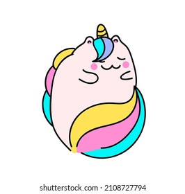 Cute unicorn concept. Sticker with beautiful magical character with rainbow mane and tail. Popular design element for social networks. Cartoon flat vector illustration isolated on white background