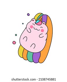 Cute unicorn concept. Sticker with beautiful smiling pony lying on multicolored object. Design element for teenagers, printing on fabric. Cartoon flat vector illustration isolated on white background