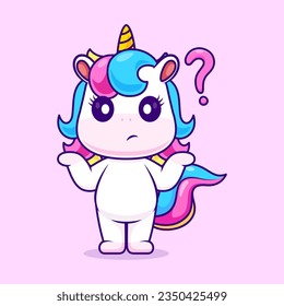 Ilustración De Icono Del Vector De Caricaturas Confundido De Cute Unicornio. Concepto de icono de la naturaleza animal Vector Premium aislado. Estilo de dibujo plano