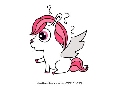 Cute Unicorn Confused. Vector Illustration. Isolated on white background.