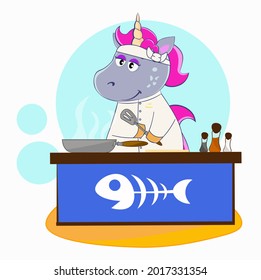 A cute unicorn cooks as a chef
