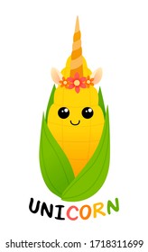 Cute unicorn corn vegetable, funny T shirt print design isolated on white